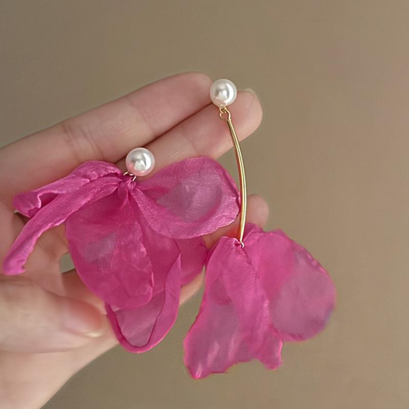 Pink Flower Mesh Earrings Personalized Internet celebrity Same Earrings Small Fresh Holiday Wind Sweet Earrings