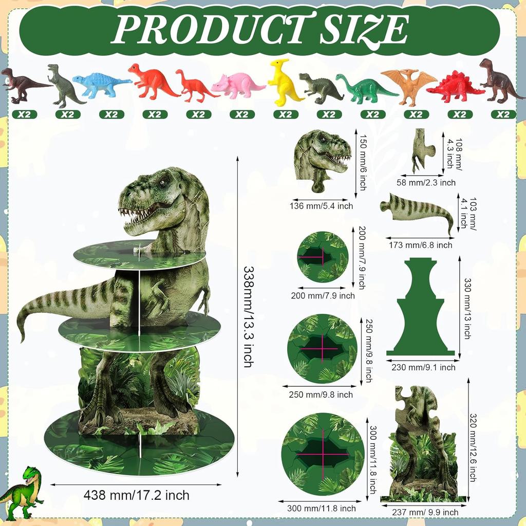 Censen 3 Tier Dinosaur Cupcake Stand Party Decorations 24 Pcs Dinosaur Figure Toys Cupcake Toppers Holder Dessert Tower for Boys Jungle Theme