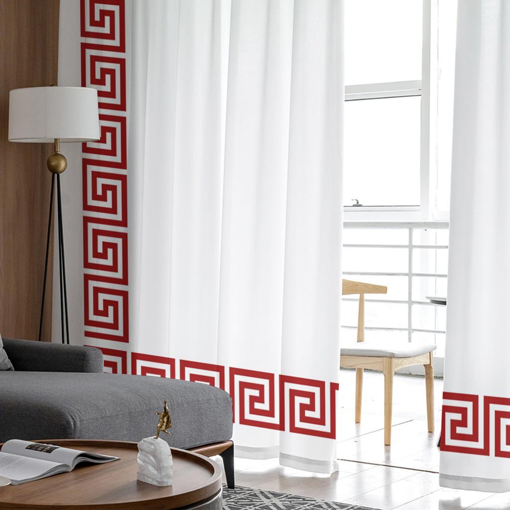 Cortinas Voile Transparentes con Patrón Geométrico Rojo de Llave Griega para Ventana de Salón, Cortina de Tul de Chifón para Cocina, Dormitorio, Cortinas Decorativas para el Hogar