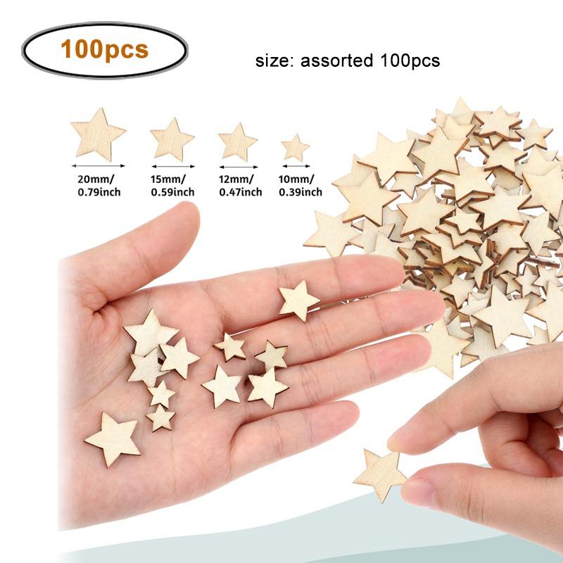 

100pcs/lot Unfinished Wooden Stars/Heart Ornaments, Assorted Size Cutout Blank Wood Pieces Cutouts for Christmas Wedding Decor звезда