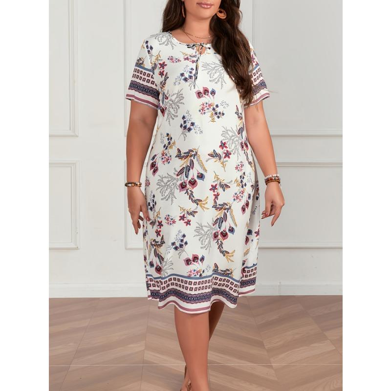 Plus Size, Self-developed Plus Size Casual Plant Print Dress