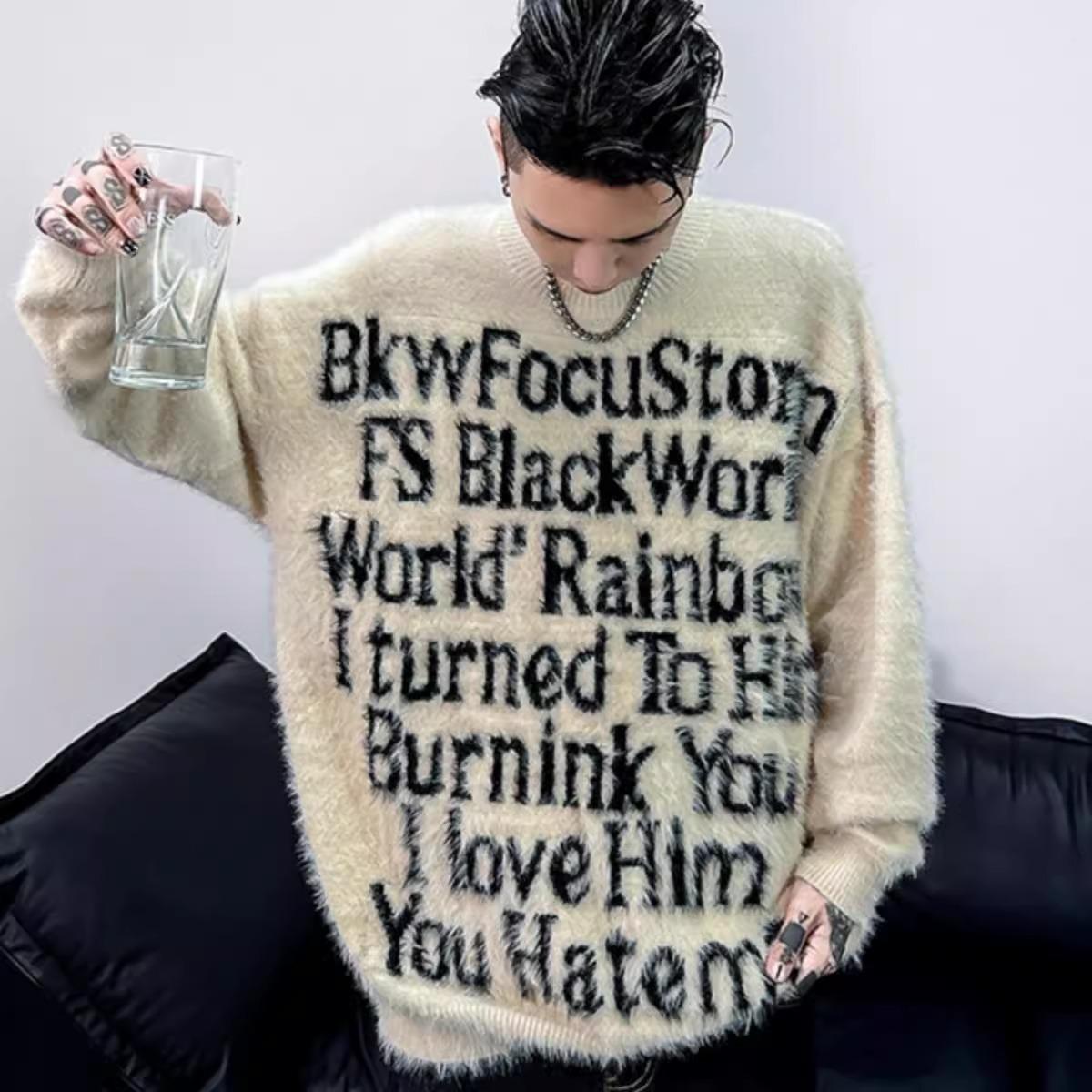 

Unisex Retro Letter Print Sweater: Trendy Autumn/Winter Loose Knit Pullover for Couples XL абрикосовий
