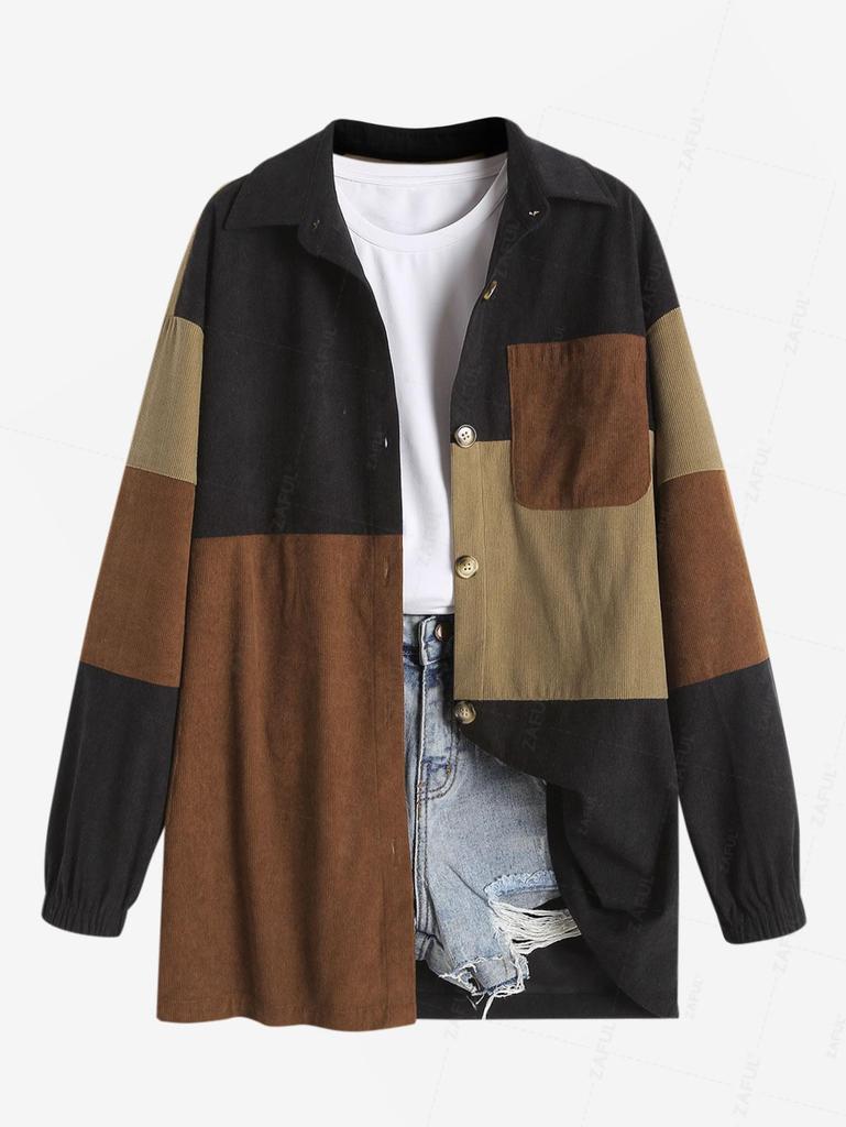 ZAFUL Women's Daily Single Breasted Long Sleeve Colorblock Front Pocket Corduroy Shirt Jacket Shacket