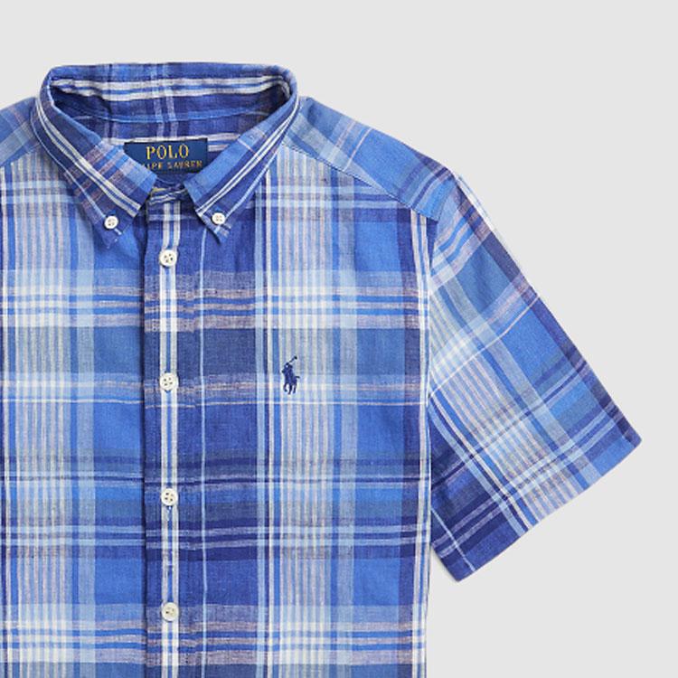 Polo Ralph Lauren Shirt Ss24 Plaid Print Bear Embroidery Single-Breasted Short Sleeve Kids Tops Blue CWPOWOVY6820476-400