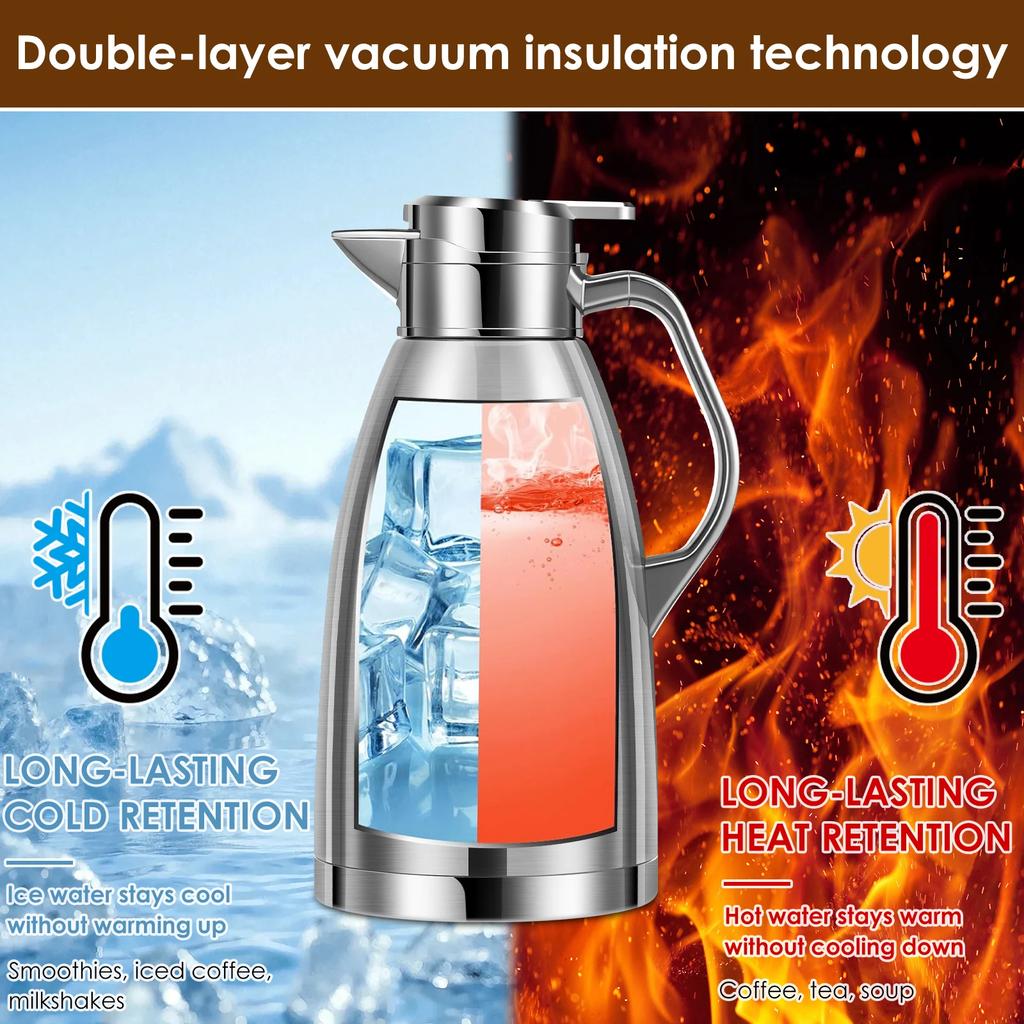 2.3L Thermal Thermos Stainless Steel Double Wall Insulated Jug Insulated 24 H Vacuum Tea Jug for Coffee Milk Tea Beverage Juice