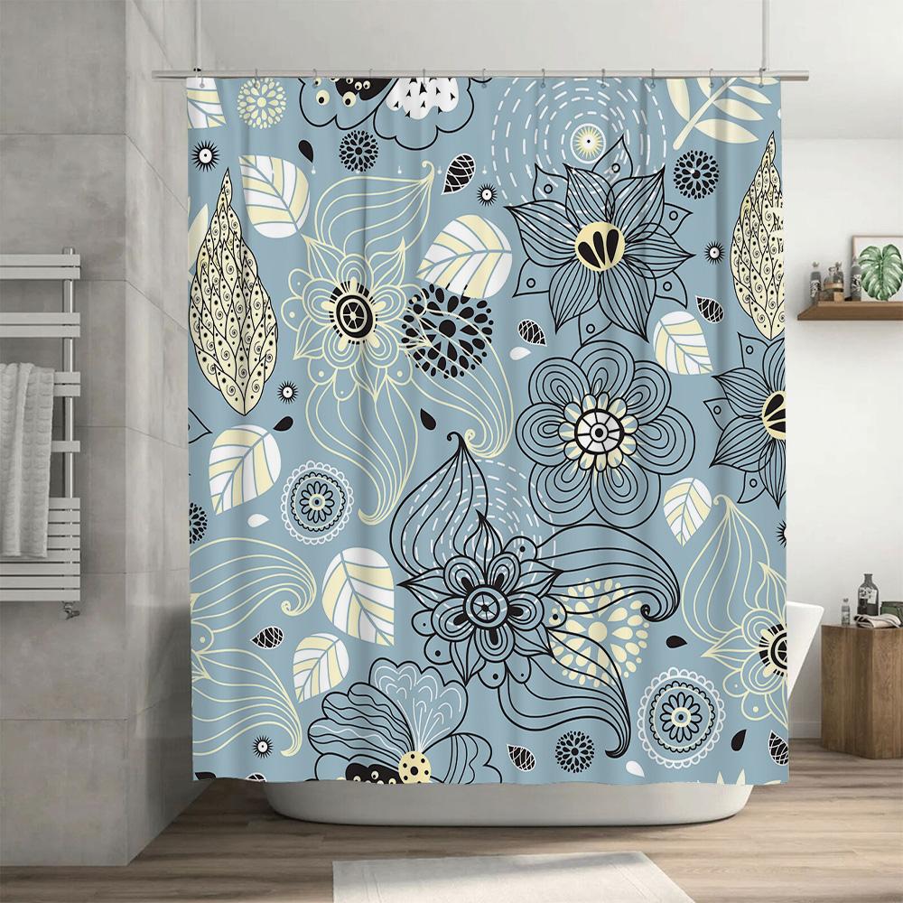 Blue Bathroom Shower Curtain With Floral Design Modern Home Decor For Bathtub Washable Fabric Various Sizes Available