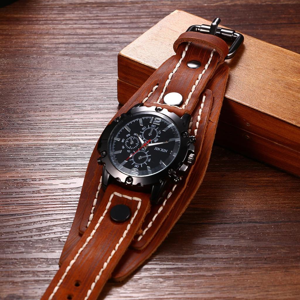 Armbanduhr, Rock-Punk-Armband, Leder, analog, wasserdicht, Echtledergürtel, breit, stilvoll, Quarzuhr, modisches Accessoire, für Geburtstage, Jahrestage, Weihnachten