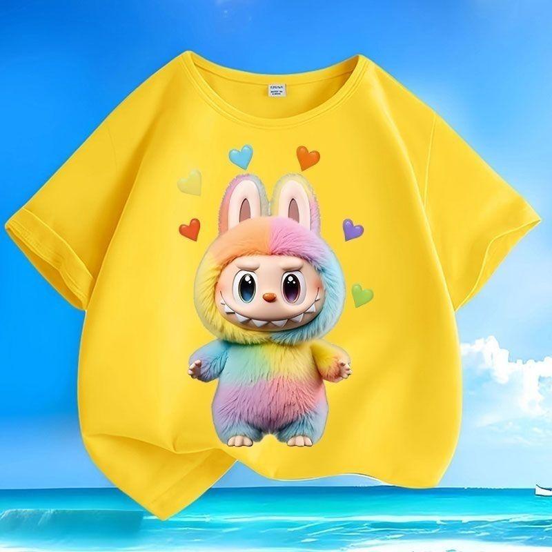 

Labubu Base Shirts for Boys and Girls, Short-sleeved T-shirts, Summer Children s Round-neck Pure Cotton Loose Tops 100 жовтий