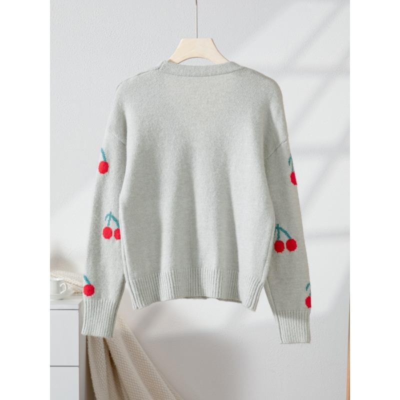 Women S Casual Cherry Pattern Knit Cardigan V Neck Loose Fit Button Detail Sweet Sweater