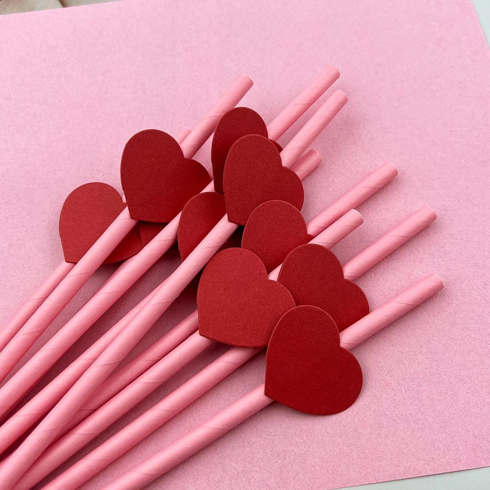 20Pcs Degradable Heart Paper Straws Pink/yellow Disposable Drinking Straw  Bar