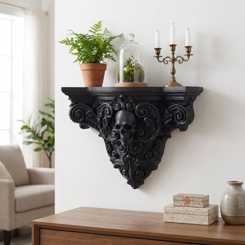 Gothic Carved Skull Storage Shelf Vintage Style Art Skull Wall Rack  Crystal Storage