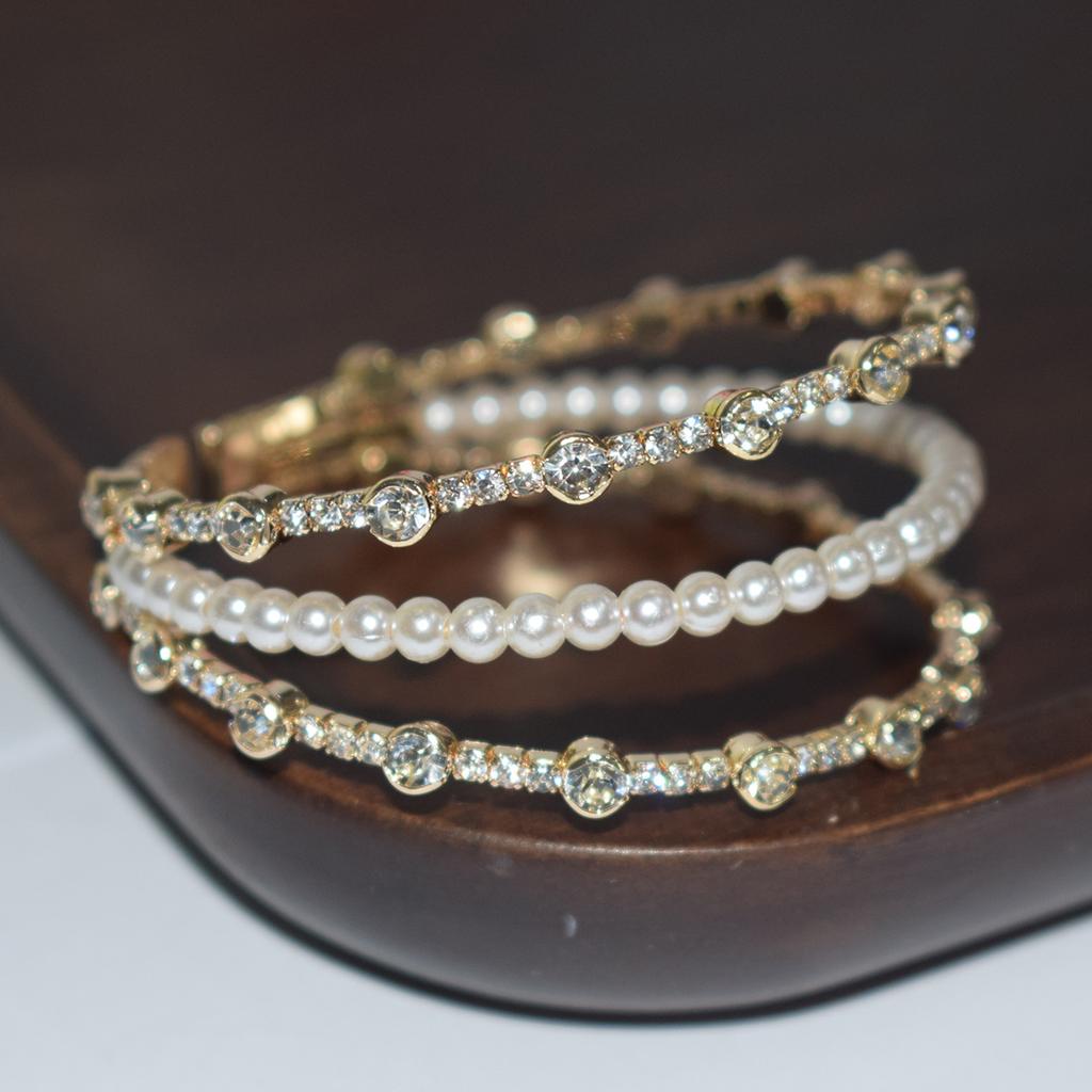 Europe and America Cross Border Women's New Exquisite Elegant Multi-Row Pearl Rhinestone Open-Ended Bracelet Bridal Wedding