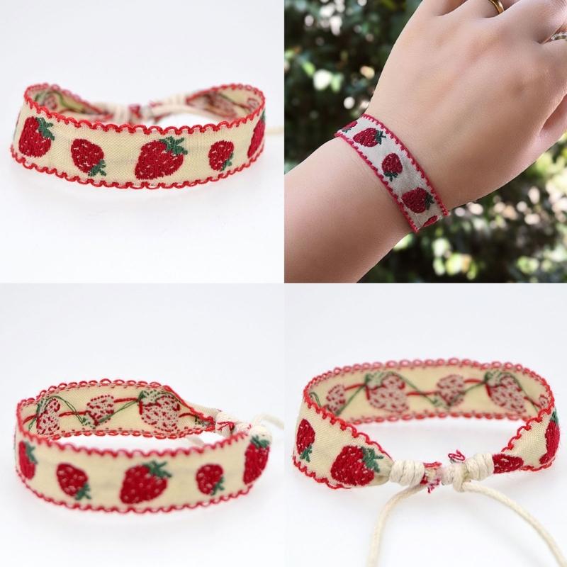 Strawberry Flower Embroidered Bracelet Bohemia Style Weave Rope Friendship Bracelets Handmade Charm Bangles Jewelry