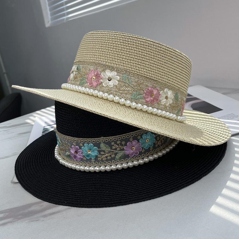 French elegance pearl flat top top hat women's spring summer vacation seaside sun hat straw hat flat edge hat
