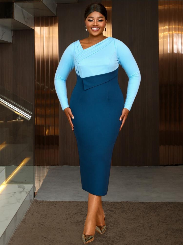 Elegant  Women Color Block Bodycon Midi Dress Asymmetrical Neck Slim Autumn Winter Evening Party Casual Office Gown