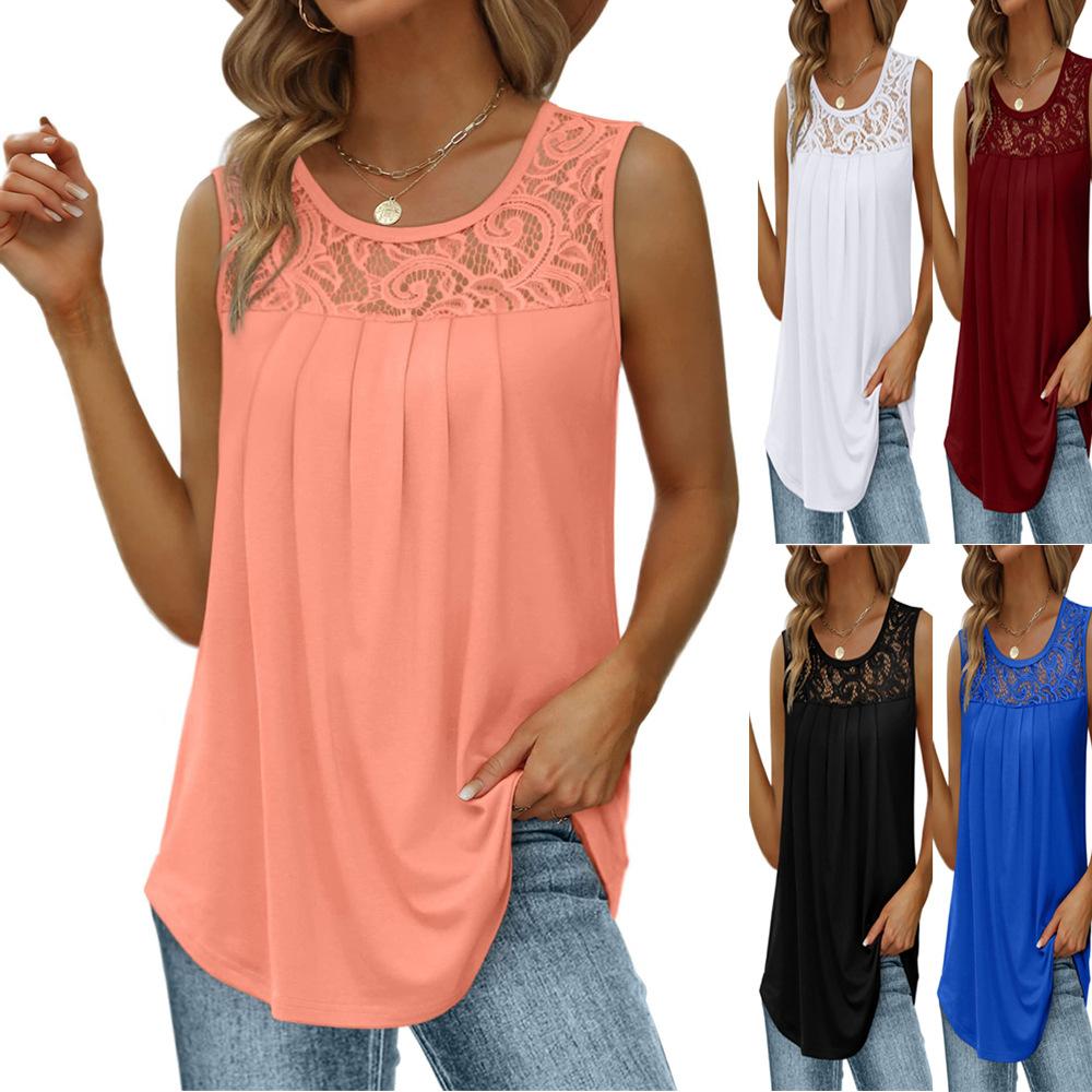 Women's Summer Sleeveless Lace Pleated Round-Neck Casual Vacation Top