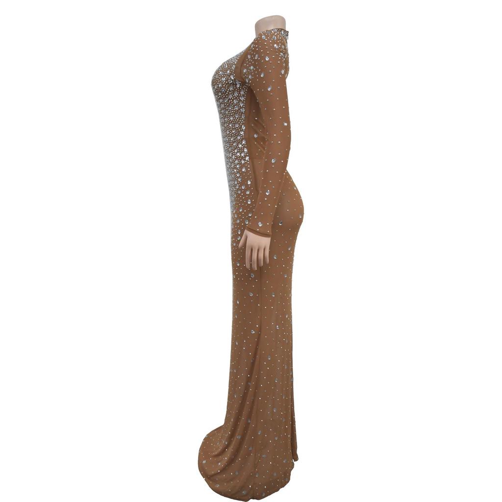 Europäisches und Amerikanisches Mode Strassstein Langes Kleid - Rundhals Damenbekleidung