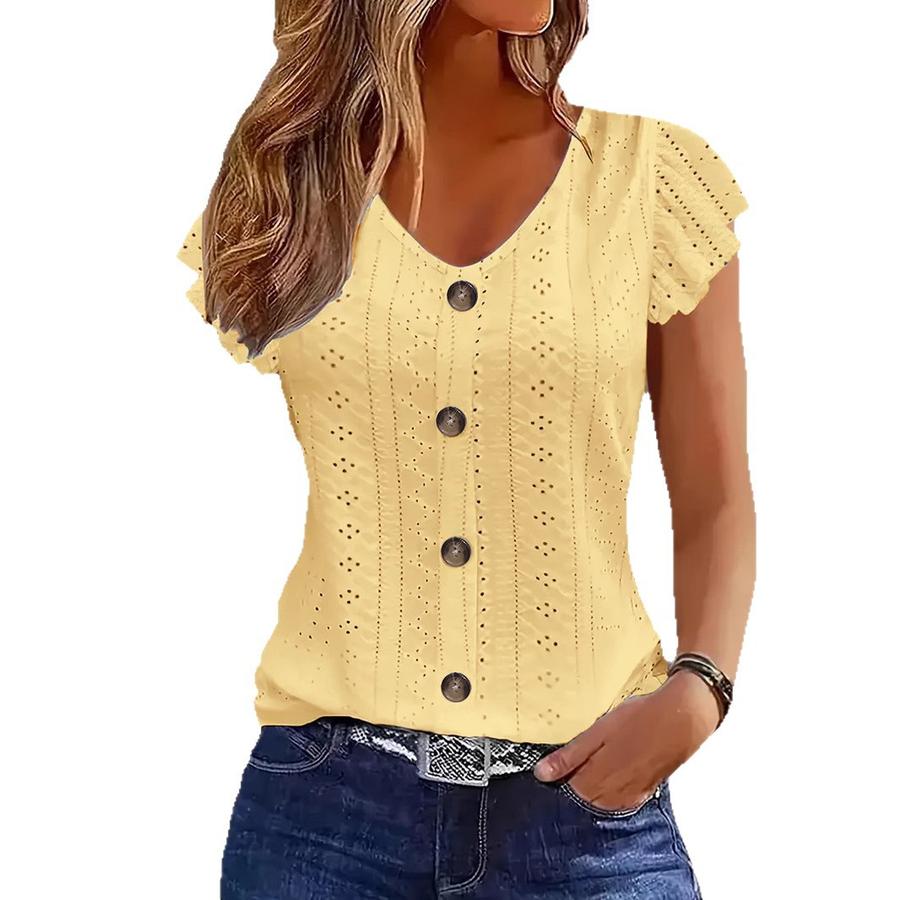 Spring New Women's Fashion Casual Solid Color Ruffles Sleeve V-Neck T-Shirt