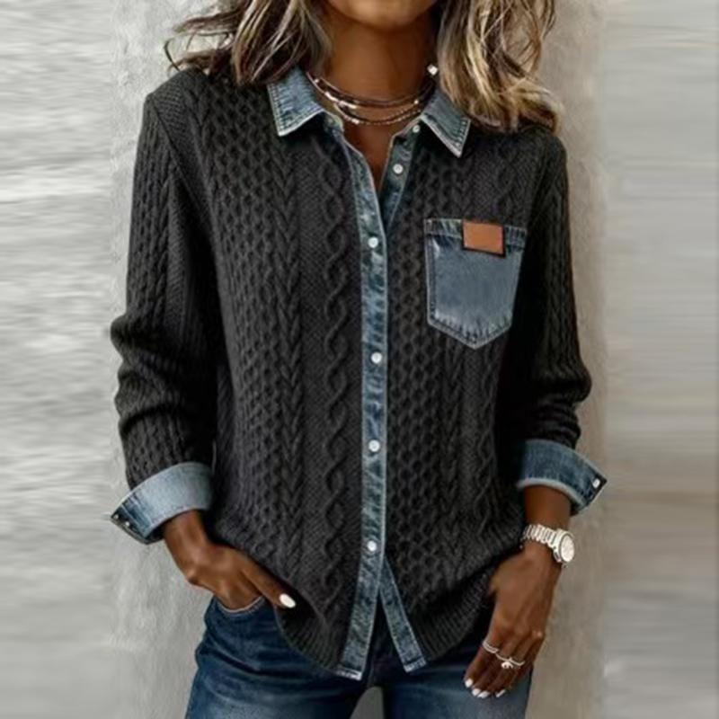 Women Denim Patchwork Knitted Sweater Turn-down Collar Button Top Cardigan Winter Long Sleeve Knitwear Shirt Outerwears Jackets