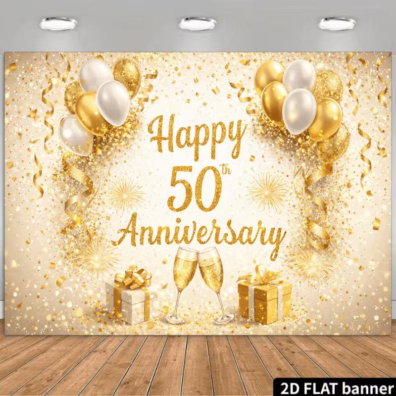 2D 50th Anniversary Gold Glitter Backdrop Champagne Glasses Banner 47.2x31.5inch/120*80cm