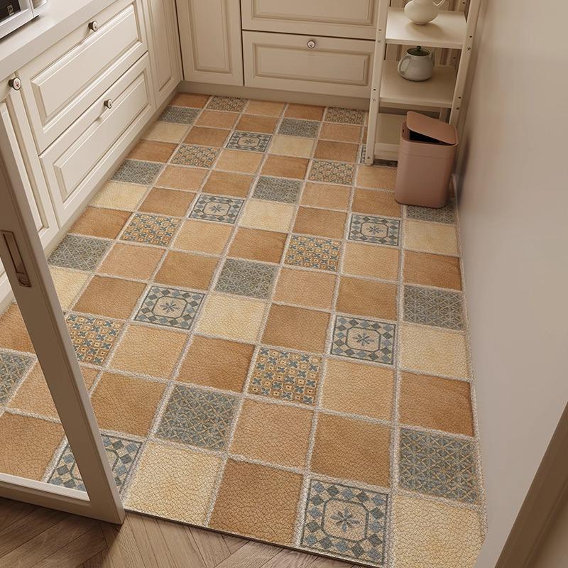 Retro Plaid Kitchen Floor Mat Oil-proof Waterproof PVC Leather Carpet Fashionable Home Decoration Free-cut Balcony Rugs Alfombra