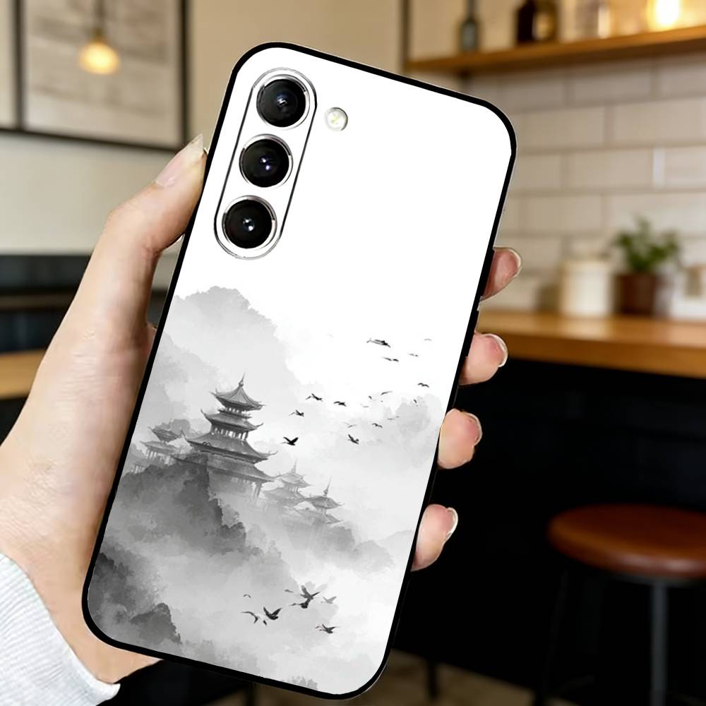 

Chinese Ink Style Pine Tree Alpine Flow Water Phone Case For Samsung S24,21,22,23,30,Ultra,Plus,Fe,Lite, Black Soft Cover Samsung S21Ultra