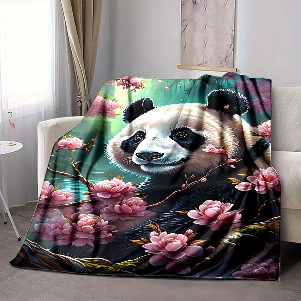 1pc Panda, Cherry Blossom Blanket Lightweight Blanket Throw Blanket For Sofa, Bed, Travel, Camping, Livingroom, Office, Couch, Chair yy251010099