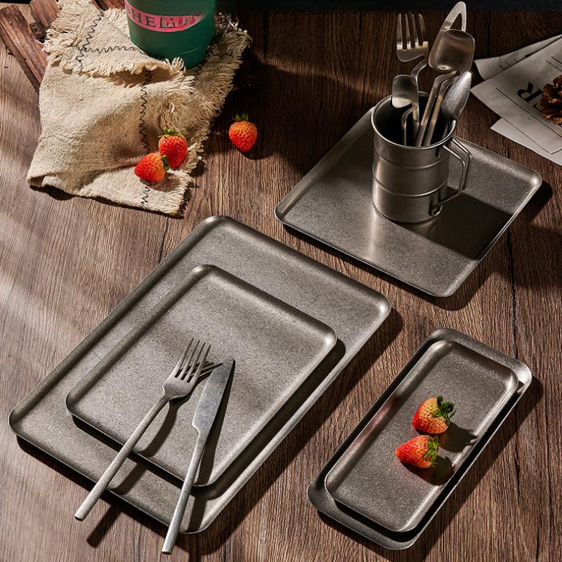 Retro 304 Stainless Steel Antique Square Steak Tray Creative Restaurant Display Dessert Barbecue Plate