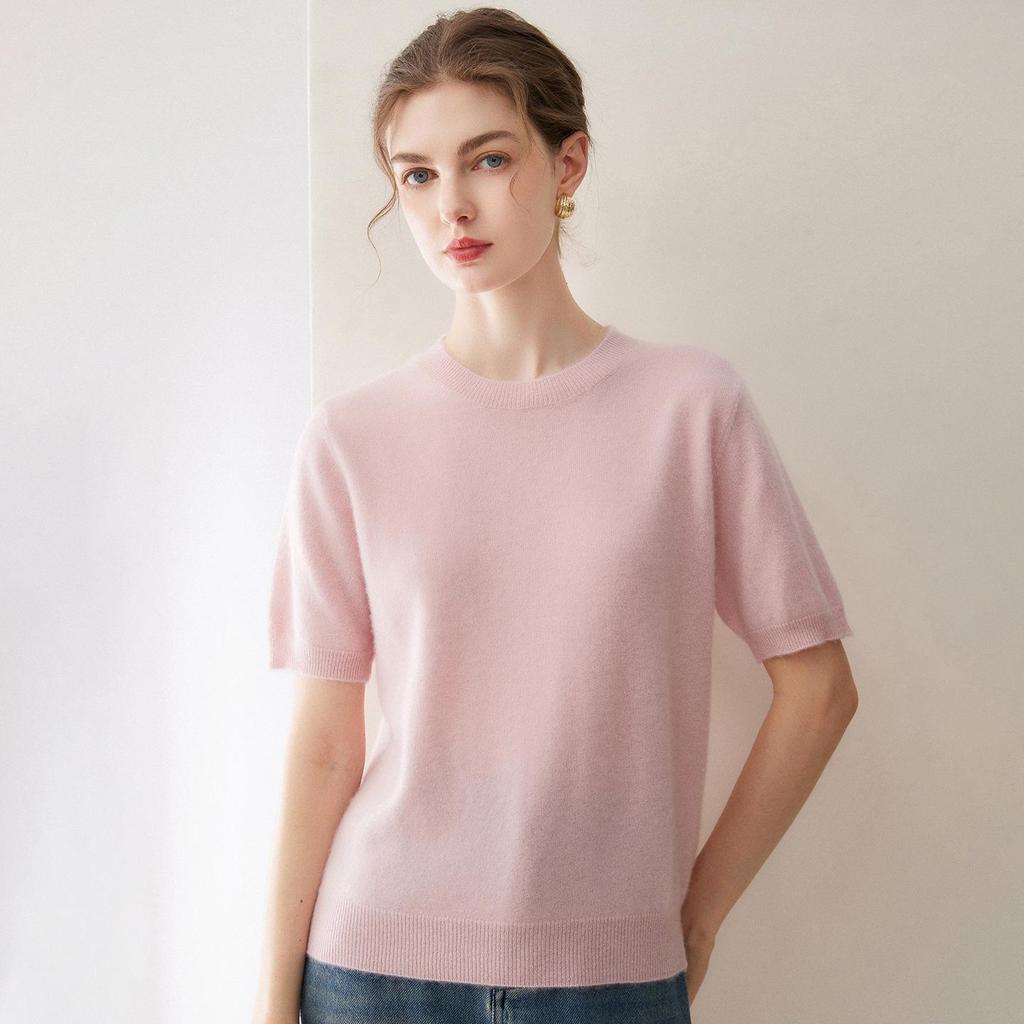 Twelve-Needle Women's Solid Cashmere Knit Pullover: Flat Round Neck, Short-Sleeved, Versatile Design