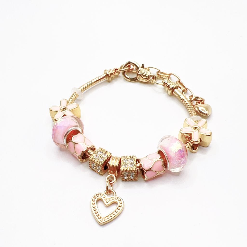 High Quality Gold Plated Crystal Rhinestone Lotus Flower Charm Bracelet Large Hole Beads Pink Flower Pendant Adjustable DIY