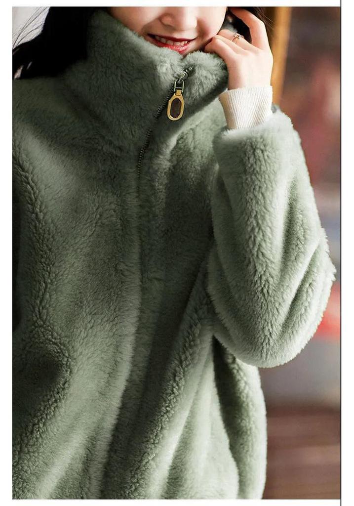 Elegante Giacca Calda in Pile con Velluto e Collo Alto Autunno/Inverno per Donna - Cardigan Trendy Casual con Zip