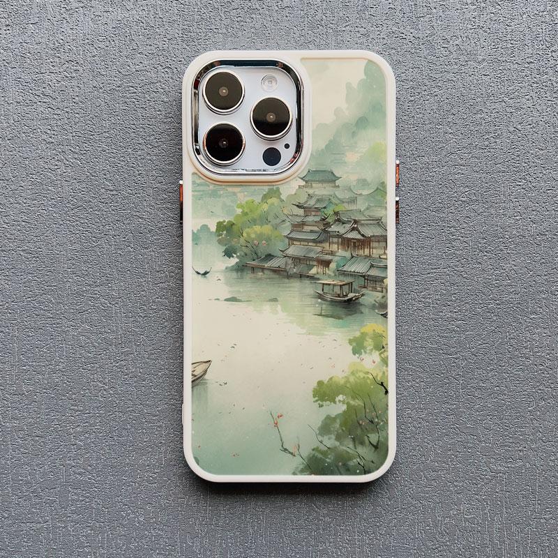 Mountains and Streams Pavilion Ink Brush Painting Phone Case for iPhone 12 13 14 11 Pro Max X XR XS 14 7 8 Plus SE Silicon Cover