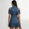 Damen Sexy Reißverschluss Vorne Umlegekragen Minikleid Frühling Hohl Off-Shoulder Quaste Partykleid Sommer Jeanskleid
