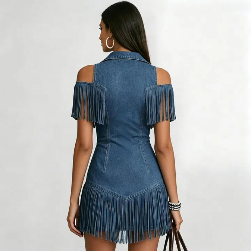 Damen Sexy Reißverschluss Vorne Umlegekragen Minikleid Frühling Hohl Off-Shoulder Quaste Partykleid Sommer Jeanskleid