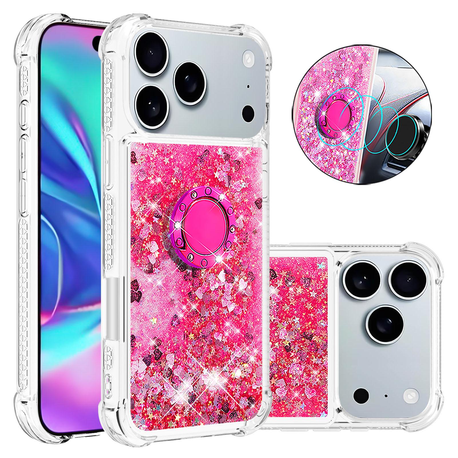 

For iPhone 17 Pro TPU Case with Kickstand Quicksand Shockproof Cover Pink/Hearts
