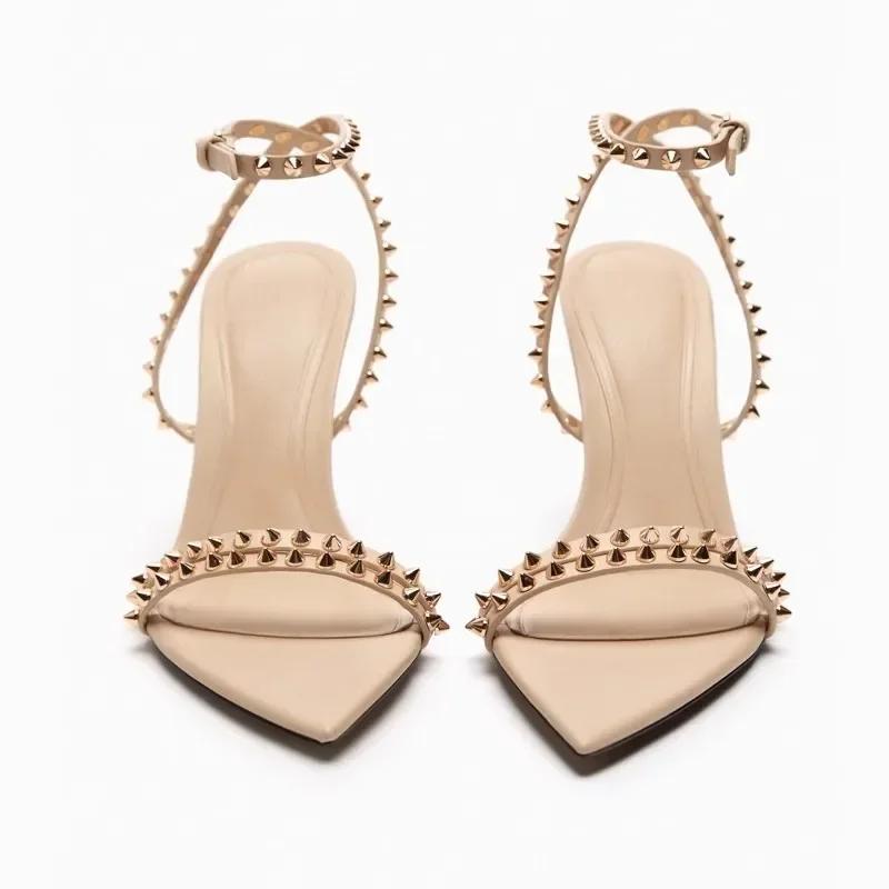 Fashion Luxury Designer Rivet Embellished Thin Heeled Sandals Women Summer Sexy Pointed Toe Ankle Strap High Heels Elegant Party Shoes