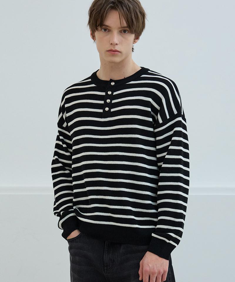 Nod You Button Point Striped Henley Neck Round Knit T-Shirt [Black] M