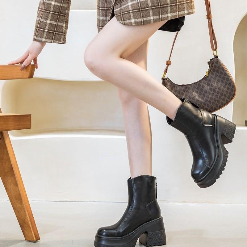 Cm Heightening Leather Women's Short Boots Martin Boots Thick Heel Thick Sole British Style Women's Versatile Casual Boots