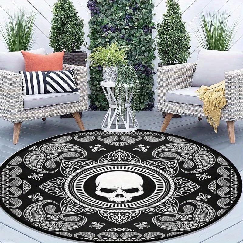 Skull paisley pattern round rug crystal velvet floor mat gothic black white design living room bedroom decor edgy art carpet