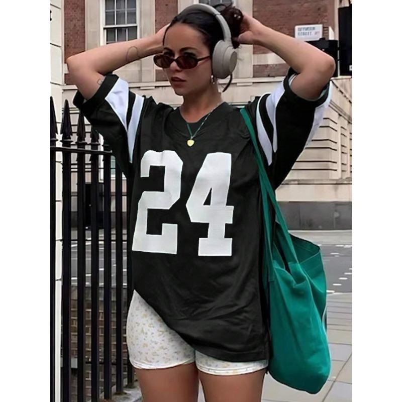 Women Streetwear Number 24 Print Round-Neck Fashion Short Sleeve T-Shirt Summer Baseball