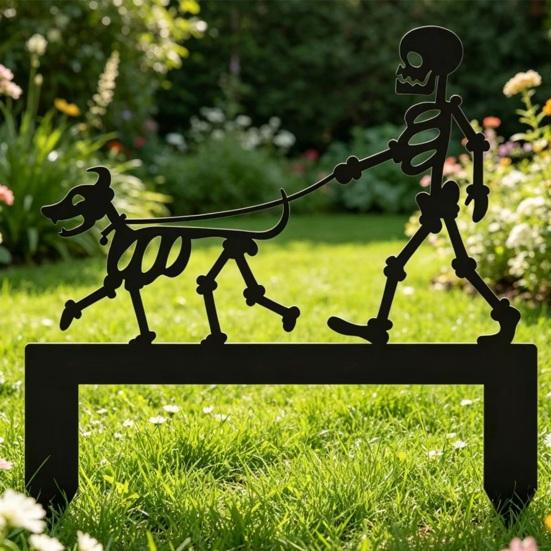 Skeleton Dog Garden Stake Black Skeleton Walking Dog Metal Decoration Funny Halloween Yard