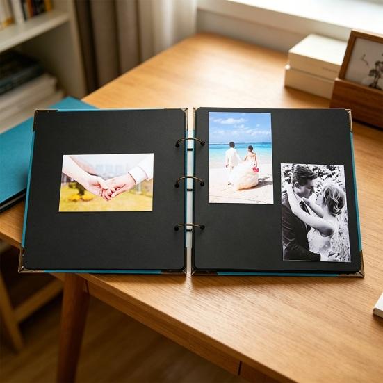 DIY Scrapbook Album, Faux Leather Black Card Photo Album with Ring Binding, Memory Book for Journaling, Retro Scrapbook Gift