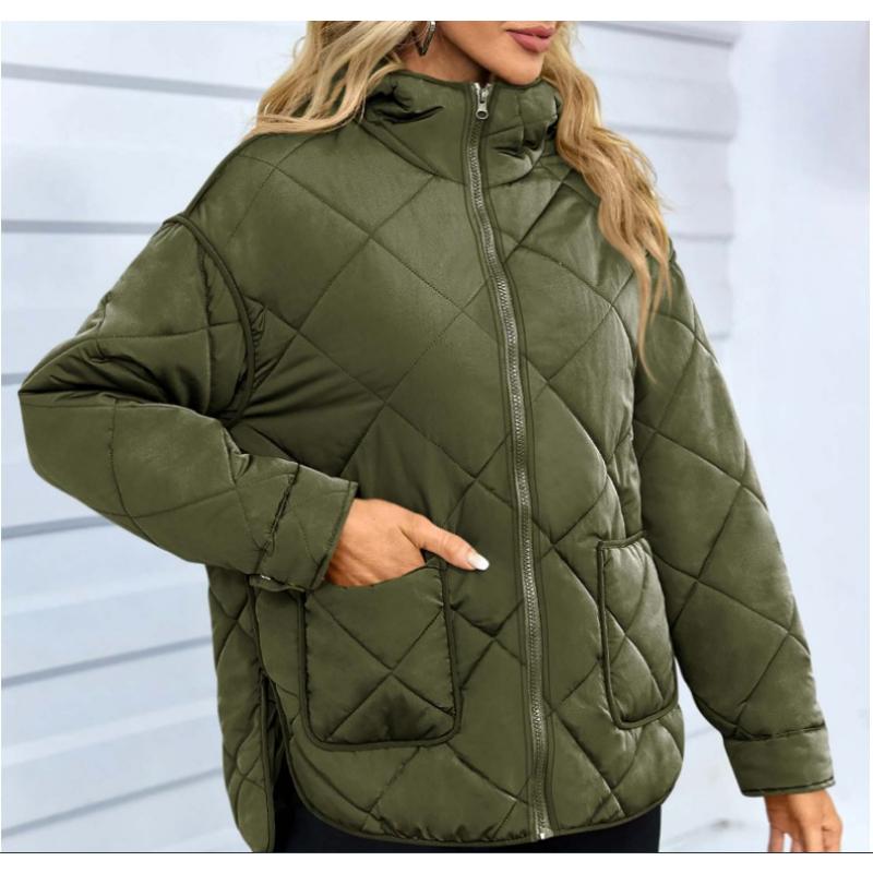 

Женская зимняя куртка 2025 года с ромбовидной стежкой, длинное пальто с капюшоном, большим карманом и боковым разрезом, легкая верхняя одежда на молнии для повседневной носки XXL