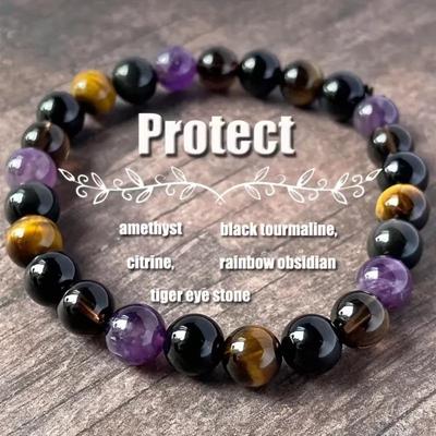 Natural Crystal Beaded Bracelet Amethyst Black Tourmaline Citrine Rainbow Obsidian Tiger Eye Stone Stretch Bracelet for Men Women