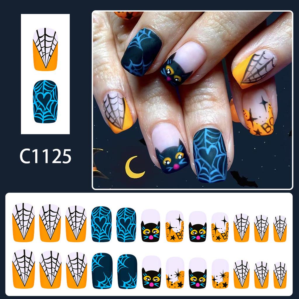 24 Piece Halloween Orange French Spider Web Gothic Press On Nails With Dark Bat Design And Black Glitter For Women Party