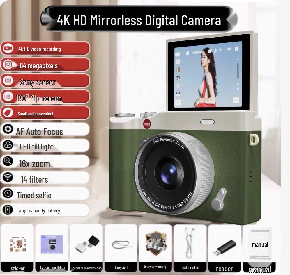 Retro CCD HD Flip Screen 4K DSLR with Dual Camera & Fill Light