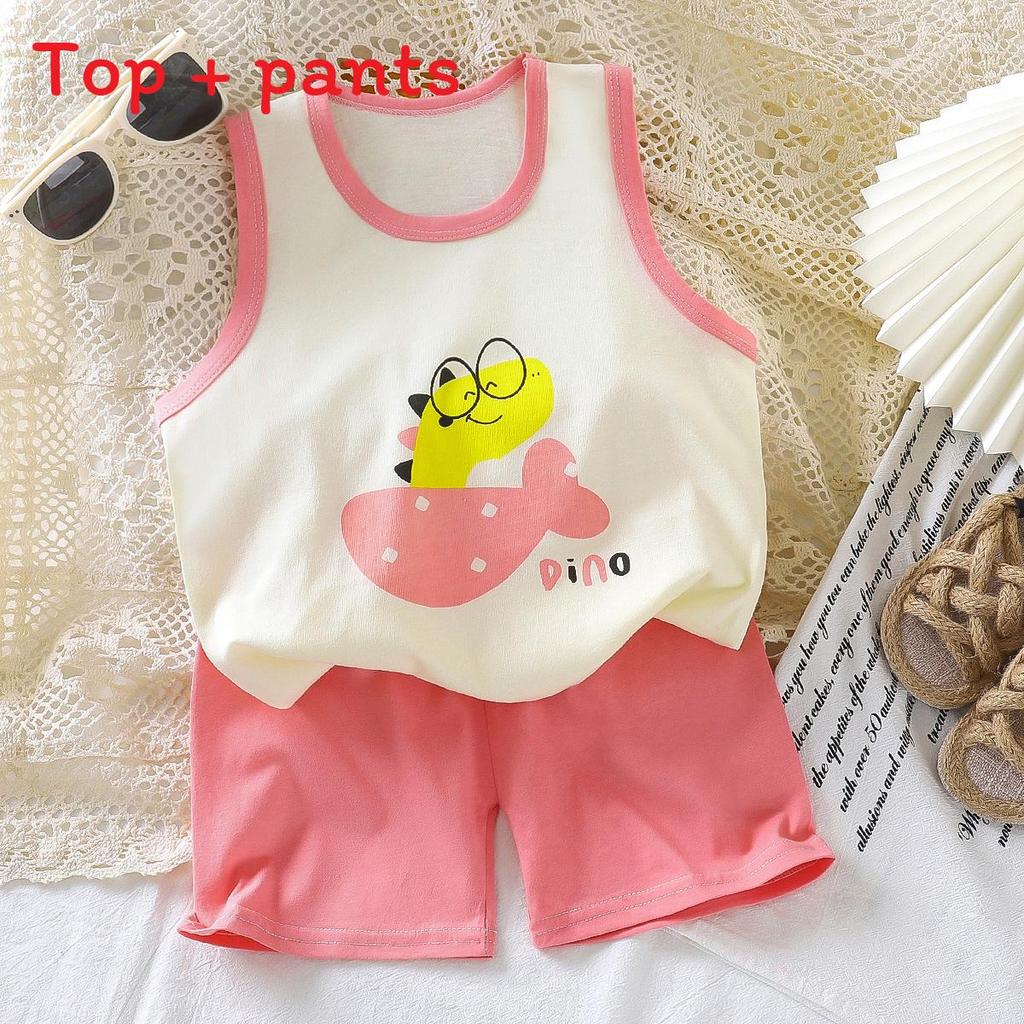 Baby Summer Cotton Sleeveless Shorts Set With Cartoon Prints For Toddler Boys And Girls