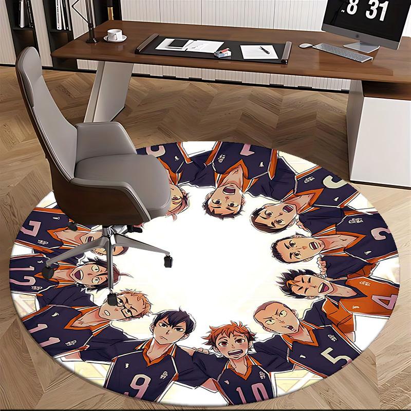 1pc Anime Volleyball Team Round Carpet  Office Chair Mat, NonSlip Rug with Haikyuu Characters for Anime Lovers