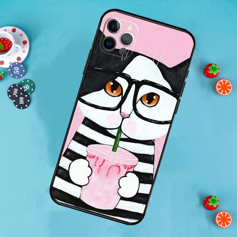 Cute Coffee Milk Cat Phone Case For iPhone 17 Air 13 16 15 11 12 14 Pro Max 13 12 mini 15 16 Plus 16e Cover Funda