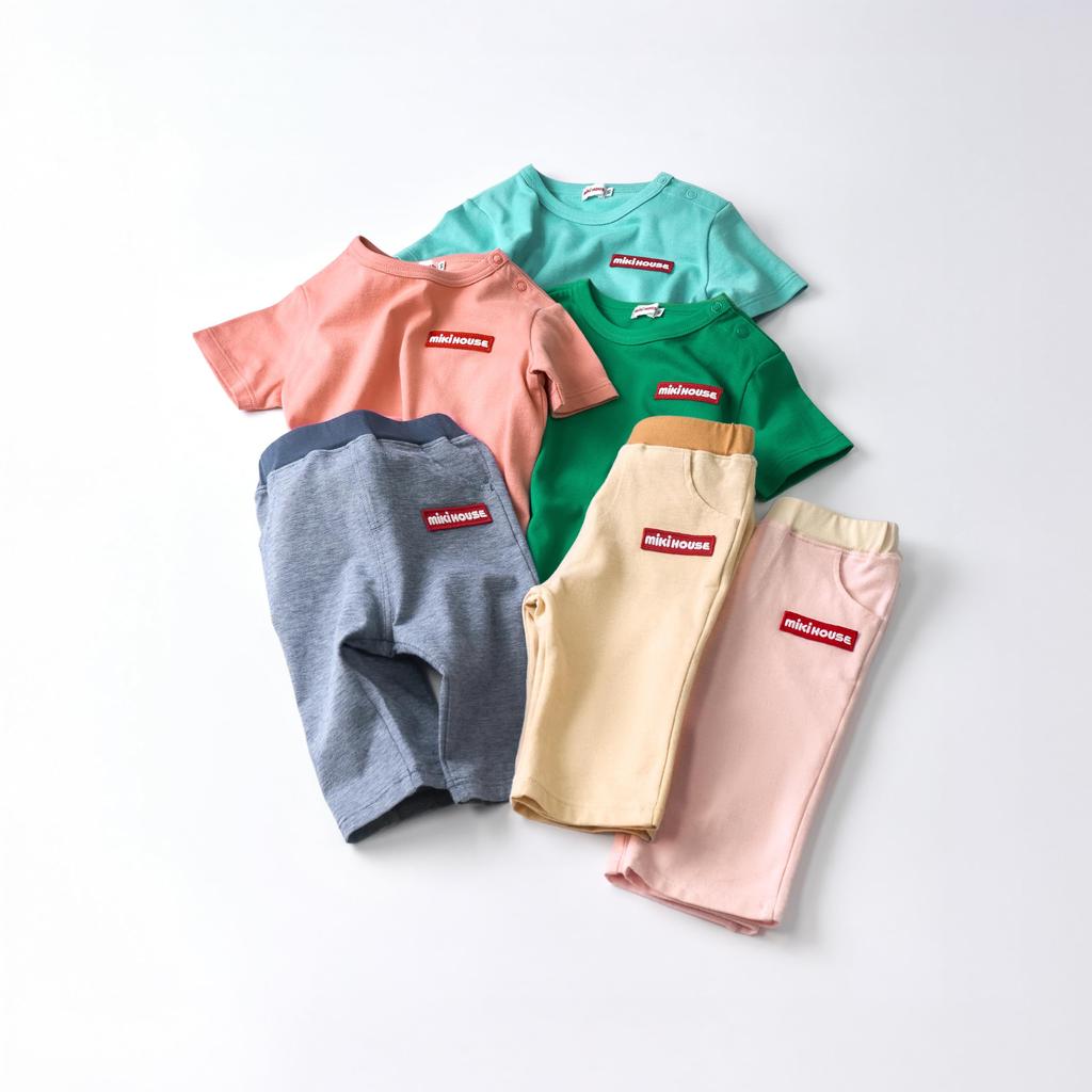 Für Jungen und für den Kindergarten und beige [Miki House] WEB-exklusive 3/4-Hose, Stretch, uni, Logo, Mädchen, Baby, Kinder, Kinderbekleidung,